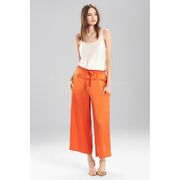 New NWT $290 Small Designer Josie Natori Silk Pants Orange Pockets Key Crop S - Picture 1 of 7